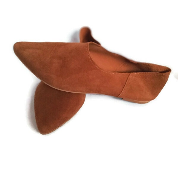 Leather handmade brown suede shoes, mules pointed shoes, soft moccasins, loafers, fashion slip on,