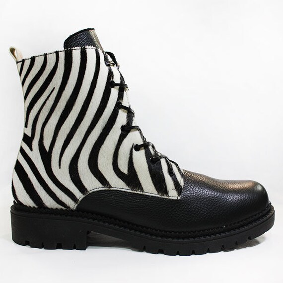 Zebra Boots Pony Skin Fouksia Leather Shoes Black Boots | Etsy