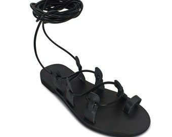 Leather handmade Greek black gladiators Sandals, tyre up sandals, black gladiators