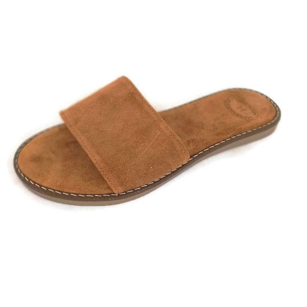 Brown Leather Sandals, Slide Sandals, handmade women leather sandals, Greek suede slides, Women suede flats, Suede slippers, honey brown