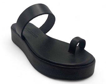 Leather flatform slides with soft leather insole and rubber sole