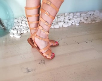 Leather handmade Greek gladiator Sandals/ knee cuff/summer boots