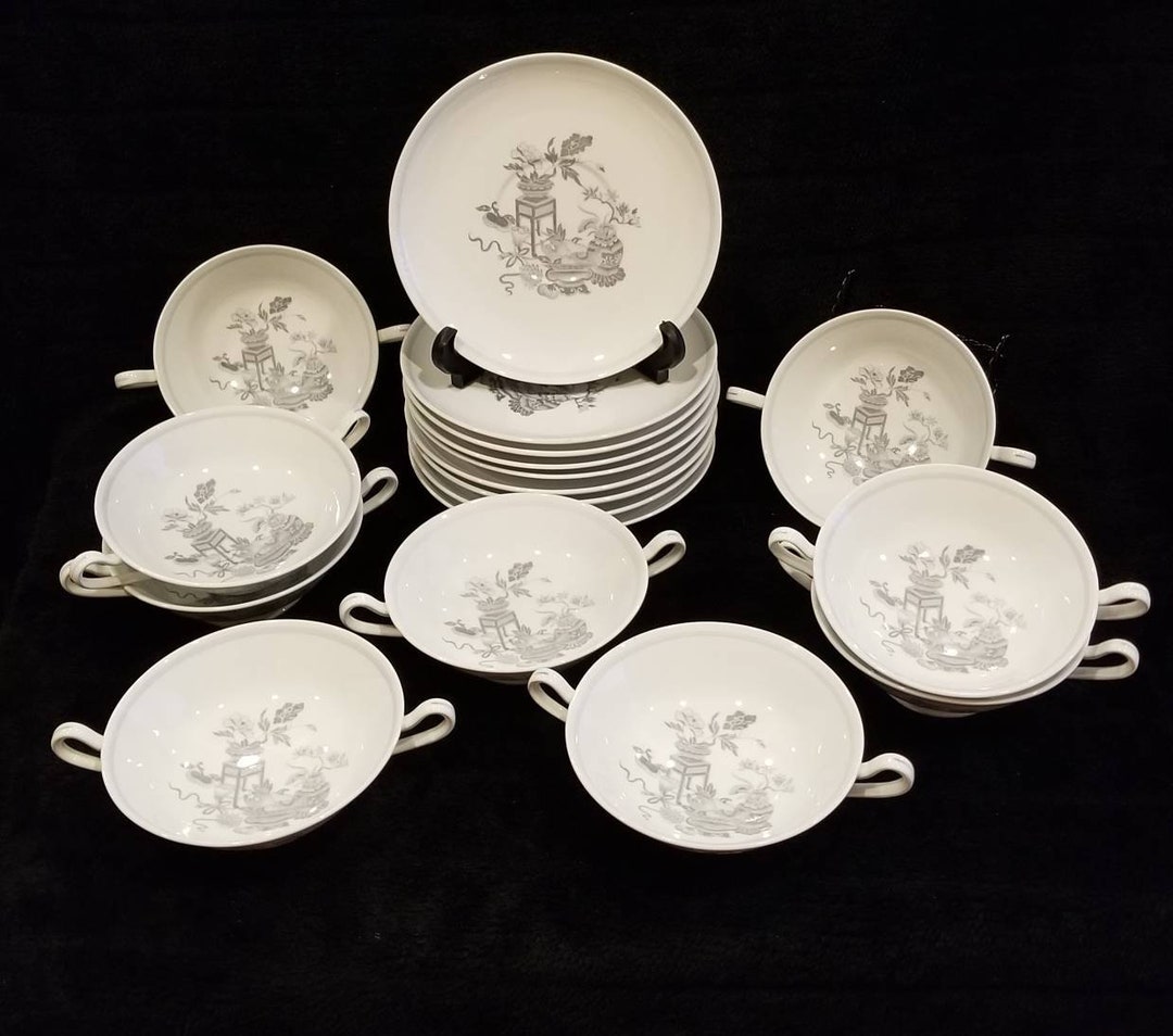 Vintage Spode Copeland Bowpot Gray Soup Bowls With Saucers - Made in ...