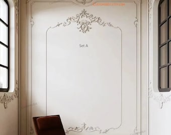 Unpainted French Style Wall Flora Molding Kit, Wall Paneling Wainscoting Kit, Wainscot Panel Frames, Bespoke Paneling, RZ001E3