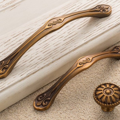 Antique Satin Brushed Brass Color Drawer Pulls Handles Dresser Etsy