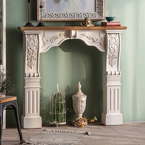 Fireplace Mantel Surround, Distressed White French Country Farmhouse Fireplace with Flora Corbels Carved, Architectural Salvage, MD813