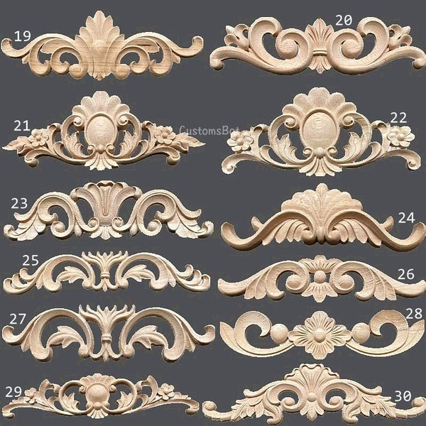 15cm to 45cm Unpainted Wood Carved Applique Onlay, 1pc, Home Cabinet Wall Embellishments, Flat Back, Horizontal Style Appliques, MD063C