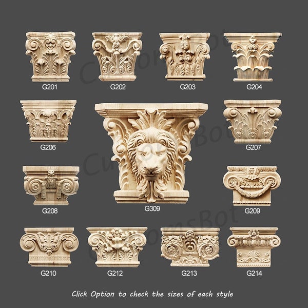 Capitel corintio de madera arquitectónica para columna de pilastra, capiteles de acanto tallados sin pintar de Compósita jónica, león animal, MD069