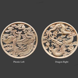 Dragon & Phonix Dia. 5"- 20" (12-50cm) Unpainted Wood Carved Round Applique Onlay, Home Wall Decals, MD083A