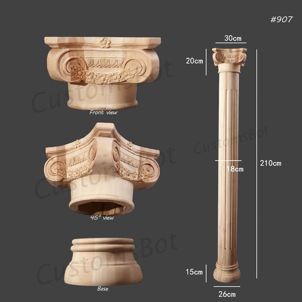 Unlackiertes Holz geschnitztes römisches Kapital, Säule & Basis, griechisch architektonisch-ionisch, Satz von Voll- oder Halbsäule (geliefert hohl), CZ002-# 907