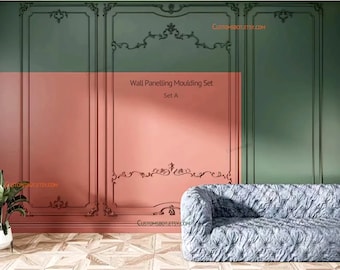 Unpainted French Style Wall Flora Molding Kit, Wall Paneling Wainscoting Kit, Wainscot Panel Frames, Bespoke Paneling, RZ001E1