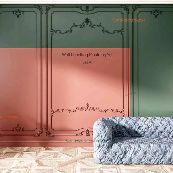 Unpainted French Style Wall Flora Molding Kit, Wall Paneling Wainscoting Kit, Wainscot Panel Frames, Bespoke Paneling, RZ001E1