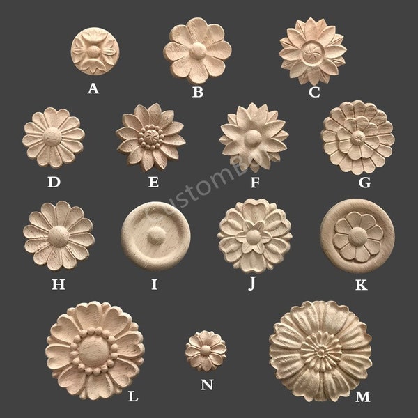 1.2" to 4" Unpainted Wood Carved Applique Onlay, 1pc, Mini Wood Rosettes, Flat Back, Home Wall Furniture Cabinet Decor Embellishments, MD015