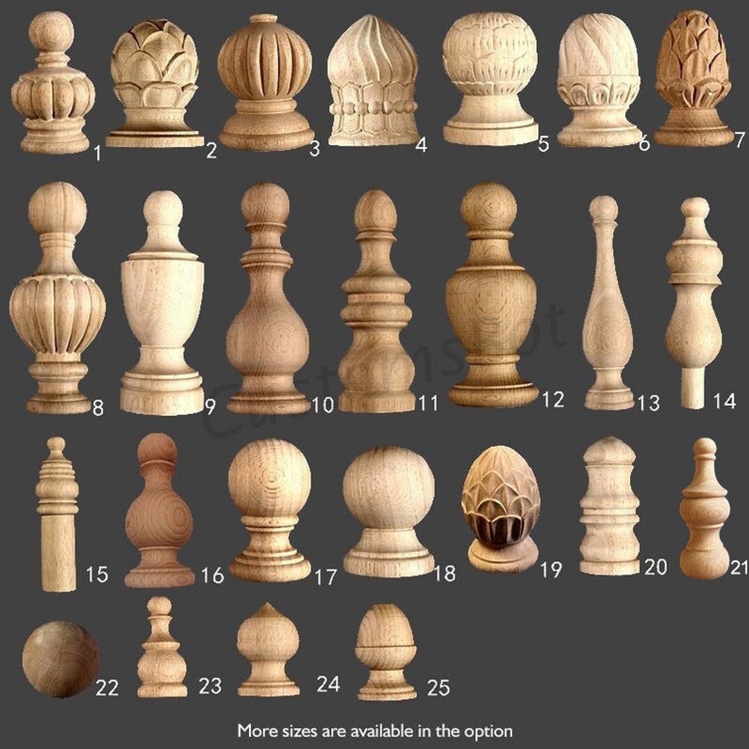 Unfinished Decorative Carved Staircases Newel Post Cap, Solid Wood Cornices  Finial, 3D Carved Wood Ornamentation, MD094 