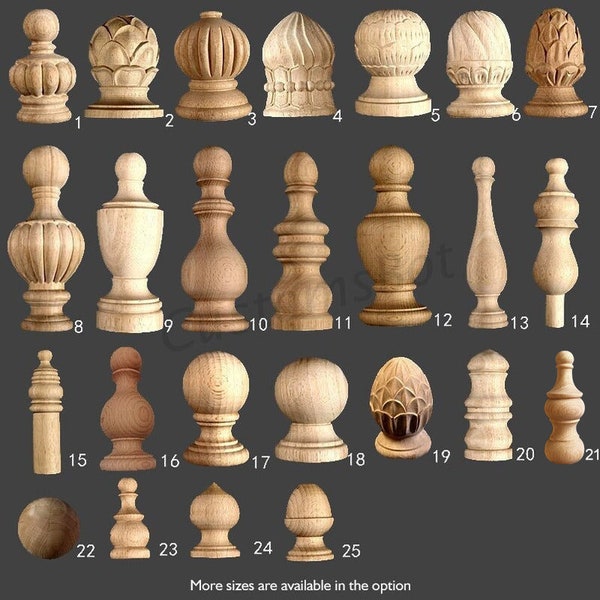 Unfinished Decorative Carved Staircases Newel Post Cap, Solid Wood Cornices Finial, 3D Carved Wood Ornamentation, MD094