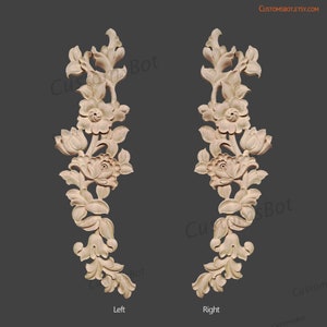 16" x 5" Unpainted Wood Carved Flora Applique Onlay, Left and Right Pair, Flat Back, Home Furniture Cabinet Door Embellishments, MD134