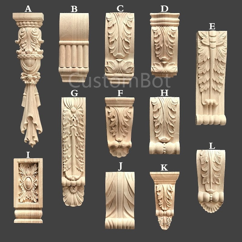 Unpainted Wood Carved Applique Onlay, 1pc, Back Flat, Home Wall Embellishments, European Roman column Corbel fireplace cupboard decal, MD005 zdjęcie 1