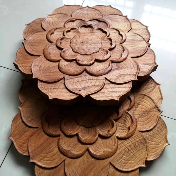 Dia. 10cm to 30cm Unpainted Wood Carved Lotus Rosette Applique Onlay, 1pc, Home Renovate, MD702