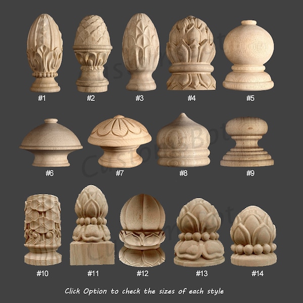 Unfinished Decorative Carved Staircases Newel Post Cap, Solid Wood CornicesFinial, 3D Carved Wood Ornamentation, MD124
