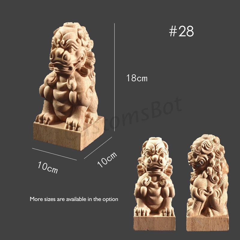 capuchon de poteau d'escalier sculpté décoratif non fini, une pièce, fleuron corniche en bois massif, lion chinois, md094a