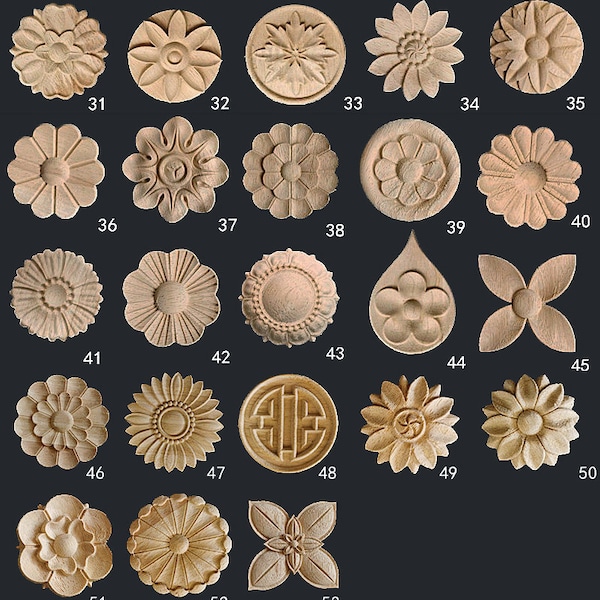 Dia. 1.2" to 4" Unpainted Wood Small Carved Applique Onlay, 1pc, Home Wall Cabinet Embellishments, MD088