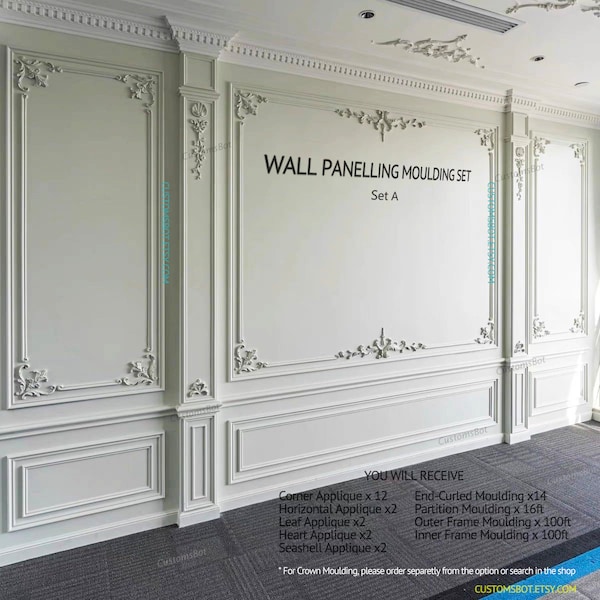 Unpainted French Style Wall Flora Molding Kit, Wall Paneling Wainscoting Kit, Wainscot Panel Frames, Bespoke Paneling, RZ001C