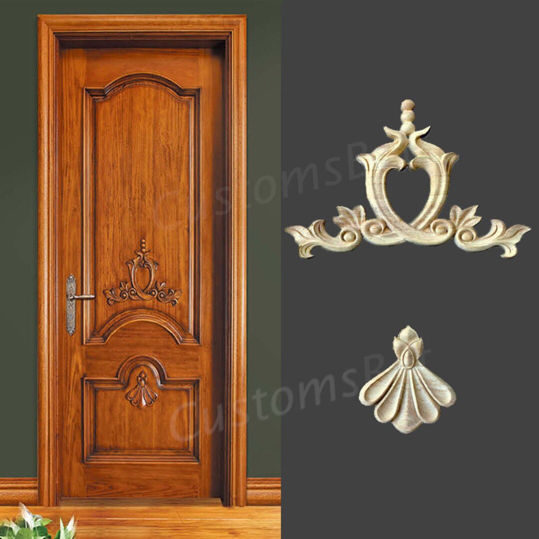 One Set Wood Door Applique Onlay, Unpainted Wood Carved Embellishments