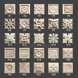 1.6" to 12" Square Rosettes Applique Onlay, 1pc, Flat Back, Unpainted Wood Carved Furniture Carving Apliques Supplies MD001