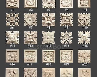 1.6" to 12" Square Rosettes Applique Onlay, 1pc, Flat Back, Unpainted Wood Carved Furniture Carving Apliques Supplies MD001