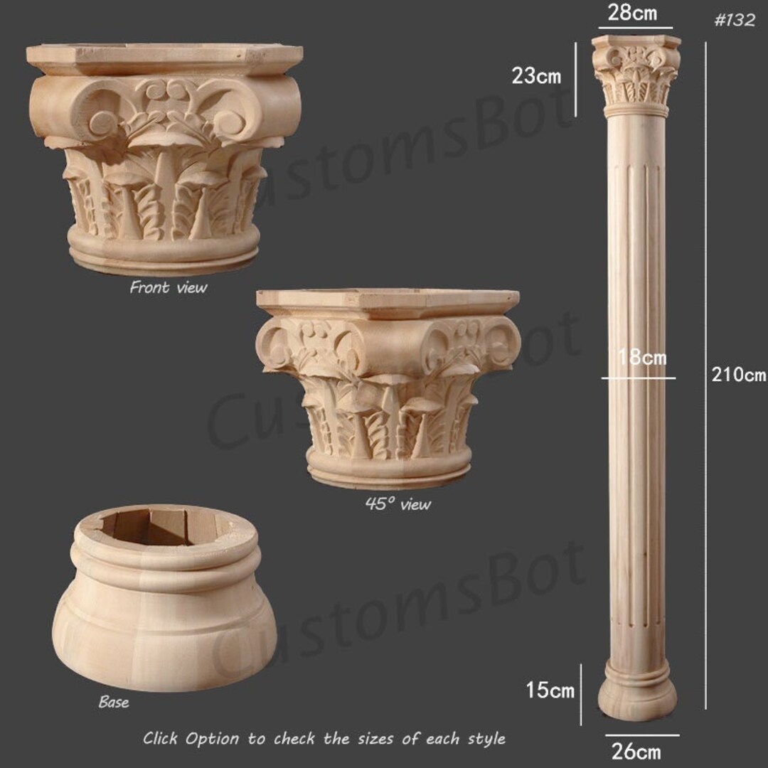 Wood Roman Column, Capital & Base, Corinthian Architectural Ionic