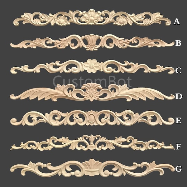 5" to 60" Unpainted Wood Carved Applique Onlay, 1pc, Home Wall Embellishments, Furniture Carving Art Decor MD009