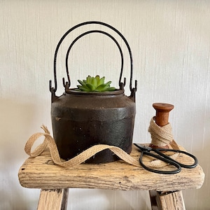 May include: A rustic black cast iron pot with a metal handle, filled with a green succulent plant. The pot is sitting on a weathered wooden stool with a spool of twine and a pair of gardening shears.