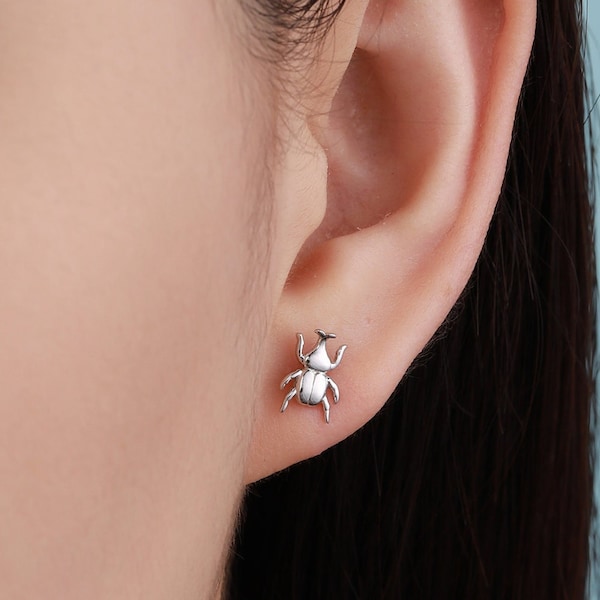 Tiny Little Stag Beetle Stud Earrings in Sterling Silver, Silver or Gold, Beetle Earrings, Bugs Earrings, Bugs Stud