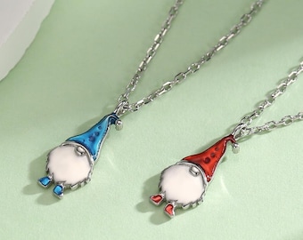 Tiny Gnome Pendant Necklace in Sterling Silver, Blue or Red, Cute Gnome Necklace, Silver Gnome Necklace