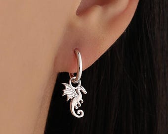 Flying Dragon Huggie Hoop in Sterling Silver, Silver or Gold or Rose Gold, Dagon Dangle Hoop Earrings, Detachable and Interchangeable