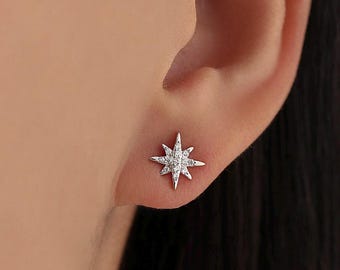 Starburst Stud Earrings in Sterling Silver with Sparkly CZ Crystals, Dainty and Delicate Earrings, Celestial Jewellery