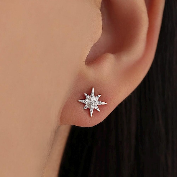 Starburst Stud Earrings in Sterling Silver with Sparkly CZ Crystals, Dainty and Delicate Earrings, Celestial Jewellery