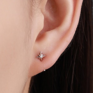 Starburst Star Huggie Hoop Earrings in Sterling Silver, Tiny North Star CZ Trio Open Hoops, Pull Through Threaders, Half Hoops