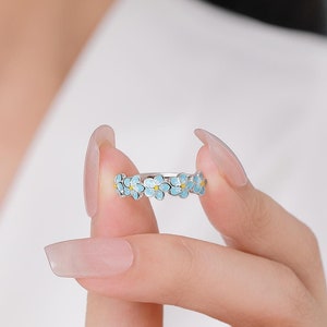 Sterling Silver Enamel Forget-me-not Flower Ring, Adjustable Size, Forget me not enamel flower Motif ring,  Dainty and Delicate