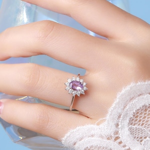 Genuine Amethyst and CZ Halo Ring in Sterling Silver, Natural Amethyst Stone Ring, Stacking Rings, US 5-8