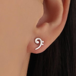 Bass Clef Music Note Stud Earrings in Sterling Silver - Small Pair of Music Earrings