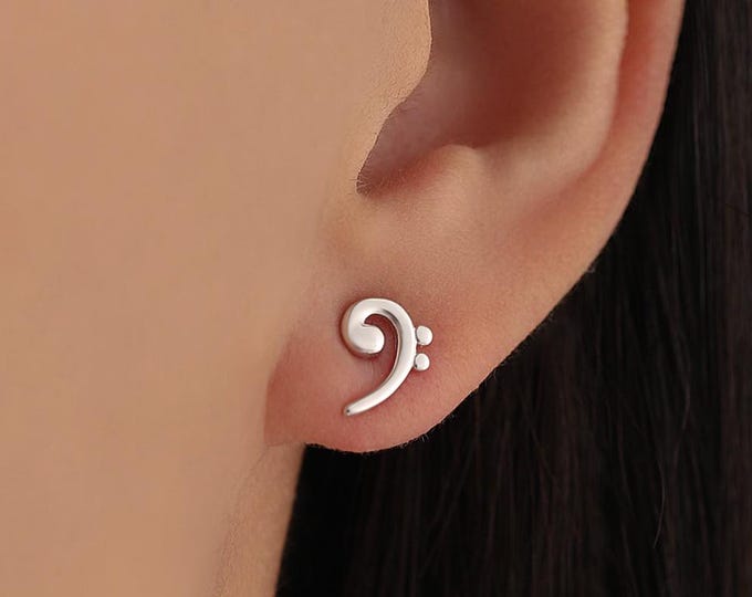 Bass Clef Music Note Stud Earrings in Sterling Silver - Small Pair of Music Earrings