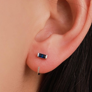 Sapphire Blue Baguette Cut CZ Huggie Hoop Earrings in Sterling Silver, Silver or Gold, Open Hoops,  Pull-Through Threader Earrings