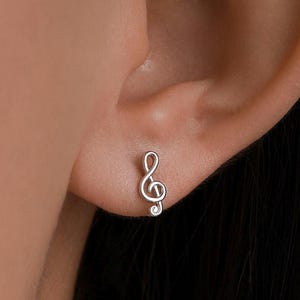 Treble Clef Stud Earrings in Sterling Silver, Music Stud Earrings , Silver Gold or Rose Gold, Musical Earrings