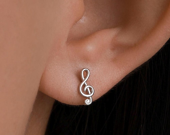 Treble Clef Stud Earrings in Sterling Silver, Music Stud Earrings , Silver Gold or Rose Gold, Musical Earrings