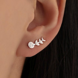 Moon Phase Crawler Earrings in Sterling Silver, Silver or Gold, Moon and Star Earrings, Ear Climbers, Celestial Earrings