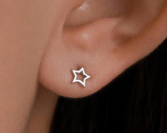 Very Tiny Sterling Silver Tiny Little Open Star Cutout Stud Earrings, Silver, Gold or Rose Gold, Cute and Fun Jewellery