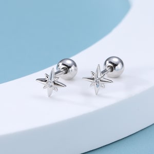 Tiny CZ Starburst 18G Screw Back Earrings in Sterling Silver