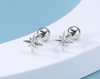 Pendientes pequeños de circonita cúbica con forma de estrella, calibre 18, con cierre de rosca, en plata de ley.