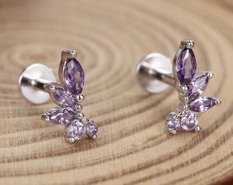 Sterling Silver Purple CZ Marquise Cluster 16G Flat Back Earrings